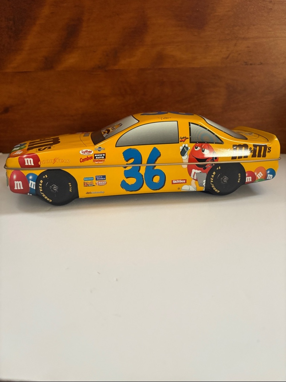 M&M'S Yellow #36 Collectible Racing Car Tin with Colorful M&M Graphics